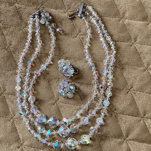 Vintage Mid Century Iridescent Crystal Bead  Double Strand Necklace/Earrings